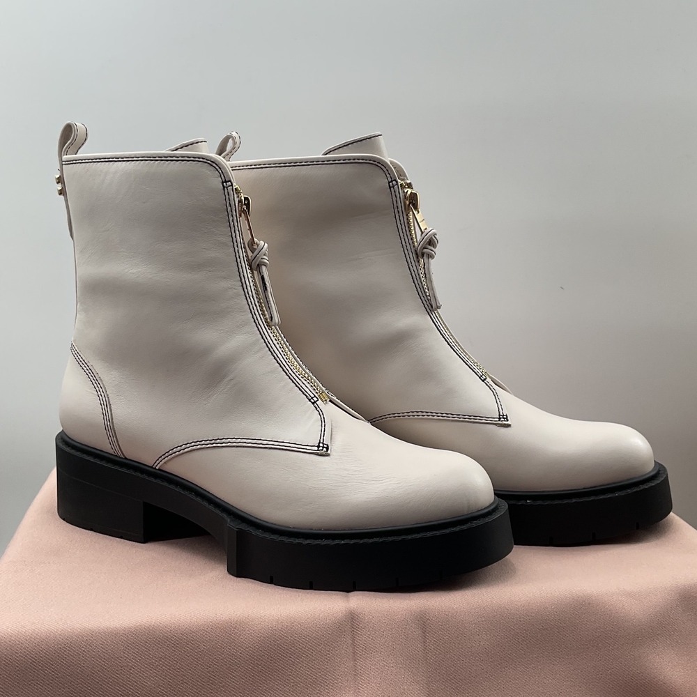 Coach Chalk Leather Liza Bootie Front Zip Platform Ankle Gold Hardware Lug Sole